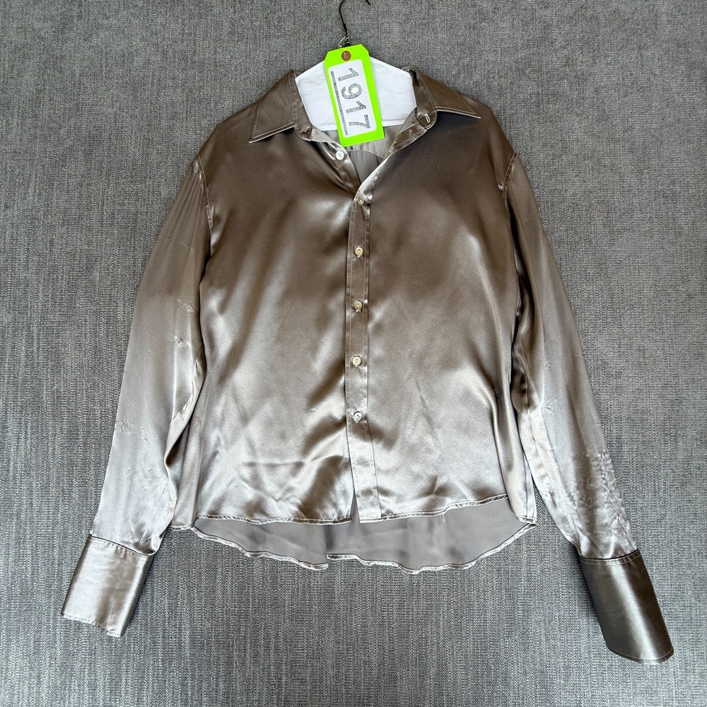 Womens Shirt Top Taupe Gray Satin Long Sleeve Career Chic Evening Wear Button Up